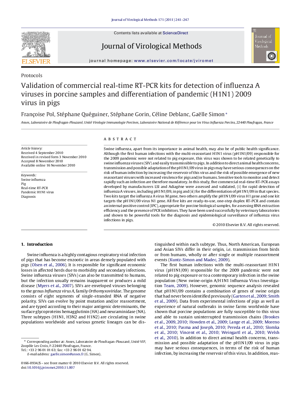 Validation of commercial real-time RT-PCR kits for detection of influenza A viruses in porcine samples and differentiation of pandemic (H1N1) 2009 virus in pigs