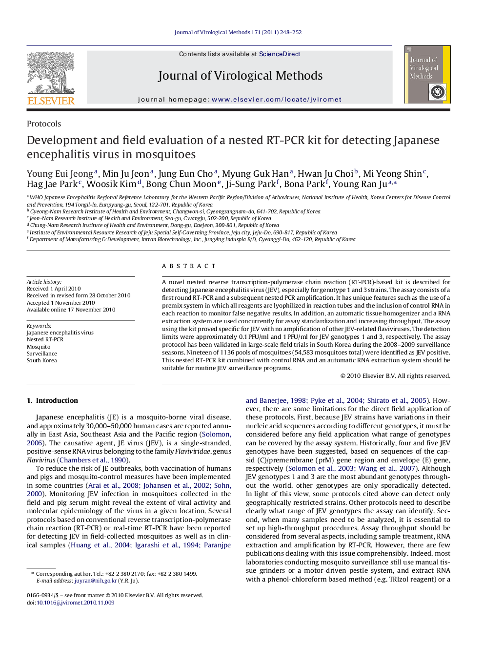 Development and field evaluation of a nested RT-PCR kit for detecting Japanese encephalitis virus in mosquitoes