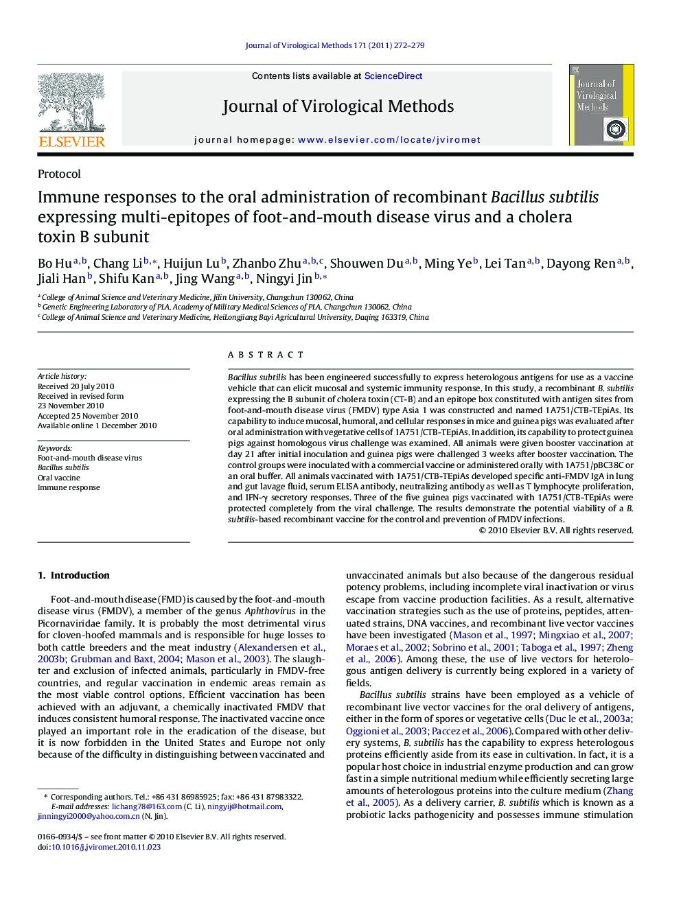 Immune responses to the oral administration of recombinant Bacillus subtilis expressing multi-epitopes of foot-and-mouth disease virus and a cholera toxin B subunit