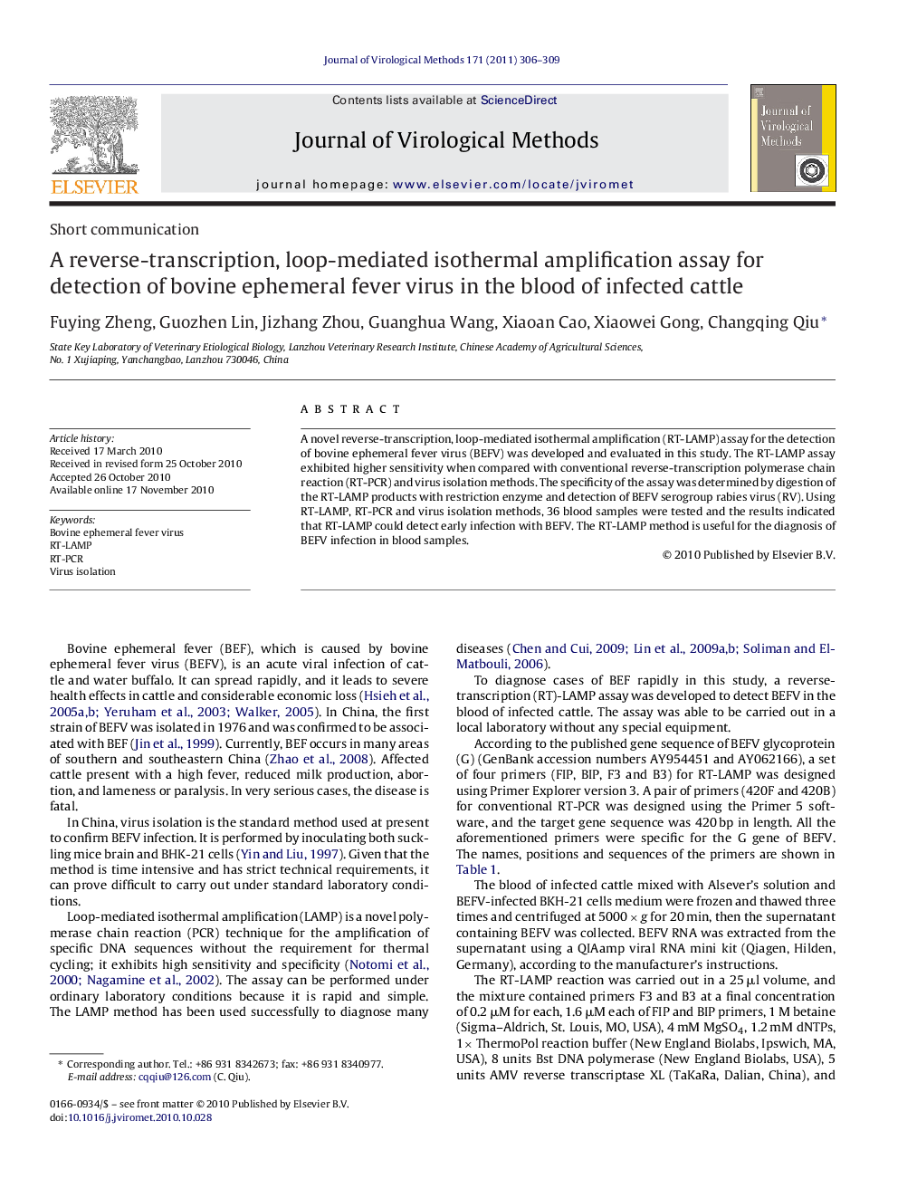 A reverse-transcription, loop-mediated isothermal amplification assay for detection of bovine ephemeral fever virus in the blood of infected cattle