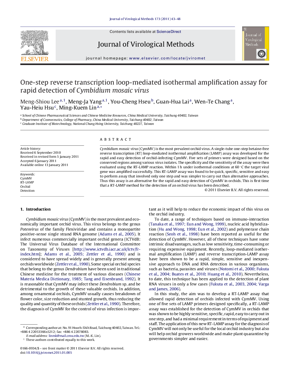 One-step reverse transcription loop-mediated isothermal amplification assay for rapid detection of Cymbidium mosaic virus