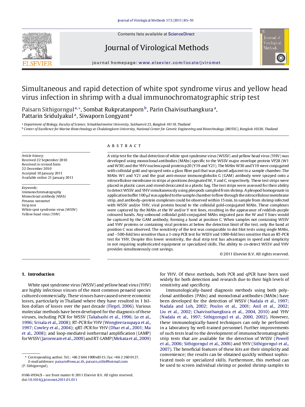 Simultaneous and rapid detection of white spot syndrome virus and yellow head virus infection in shrimp with a dual immunochromatographic strip test