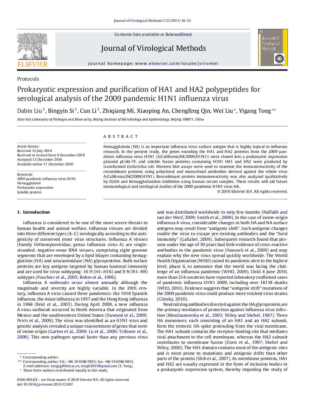 Prokaryotic expression and purification of HA1 and HA2 polypeptides for serological analysis of the 2009 pandemic H1N1 influenza virus