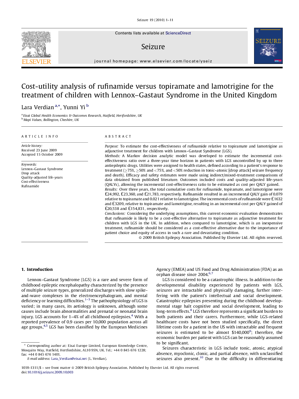 Cost-utility analysis of rufinamide versus topiramate and lamotrigine for the treatment of children with Lennox–Gastaut Syndrome in the United Kingdom