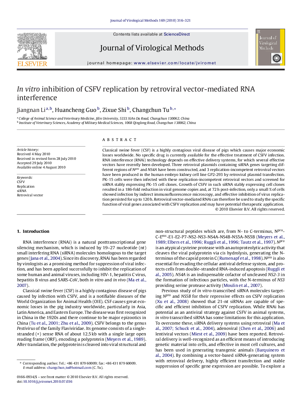 In vitro inhibition of CSFV replication by retroviral vector-mediated RNA interference