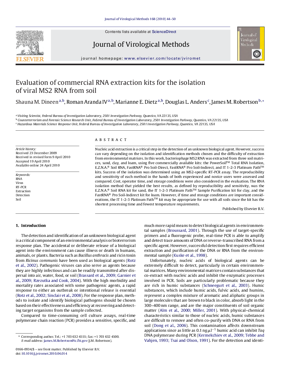 Evaluation of commercial RNA extraction kits for the isolation of viral MS2 RNA from soil