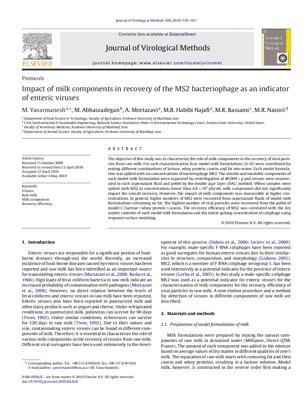 Impact of milk components in recovery of the MS2 bacteriophage as an indicator of enteric viruses