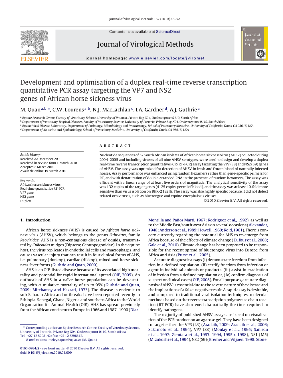 Development and optimisation of a duplex real-time reverse transcription quantitative PCR assay targeting the VP7 and NS2 genes of African horse sickness virus