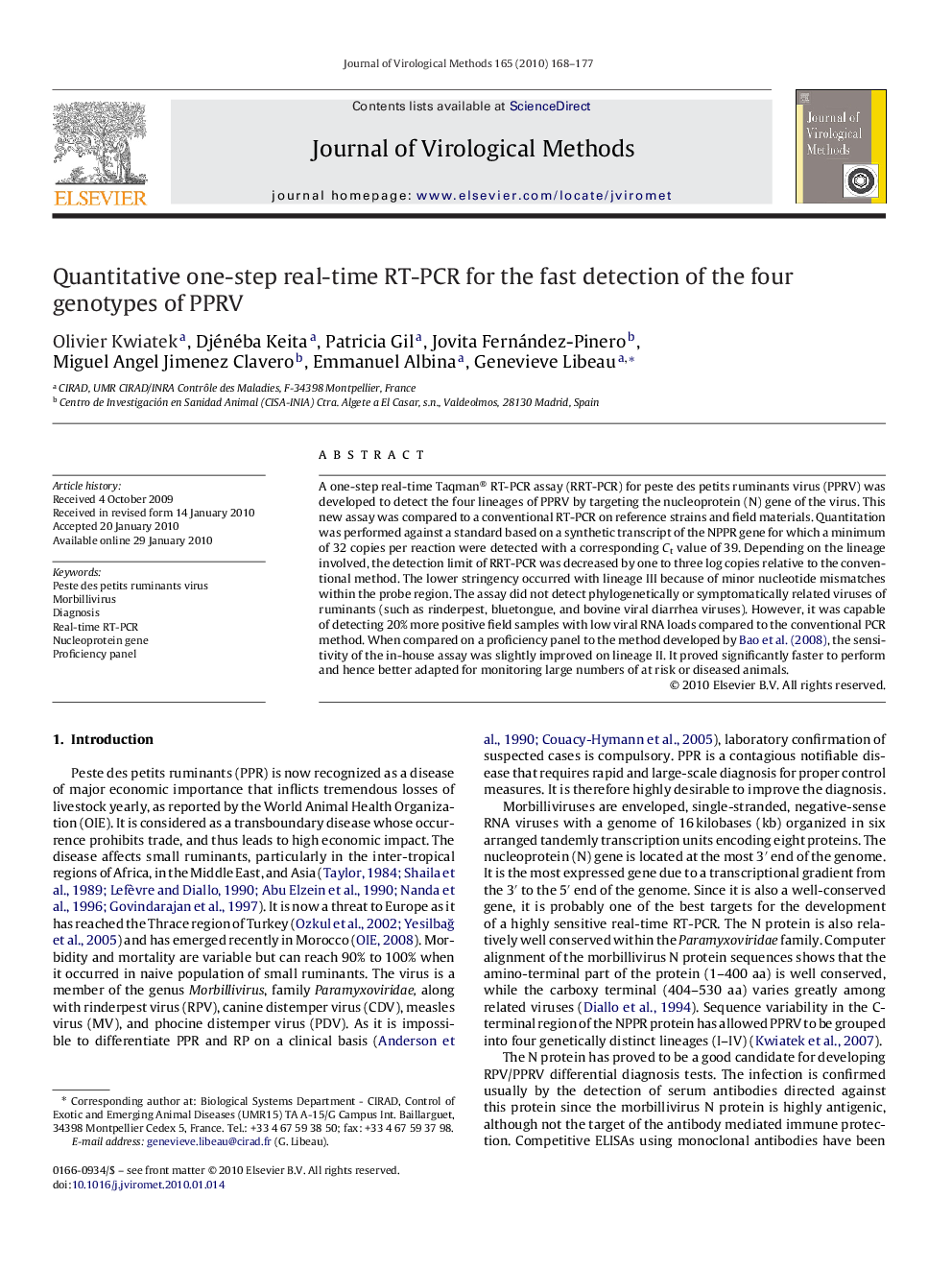 Quantitative one-step real-time RT-PCR for the fast detection of the four genotypes of PPRV