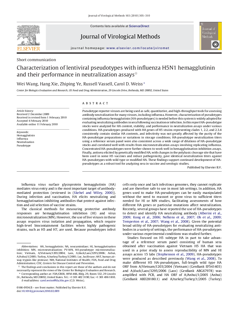 عکس صفحه اول مقاله: Characterization of lentiviral pseudotypes with influenza H5N1 hemagglutinin and their performance in neutralization assays Characterization of lentiviral pseudotypes with influenza H5N1 hemagglutinin and their performance in neutralization assays