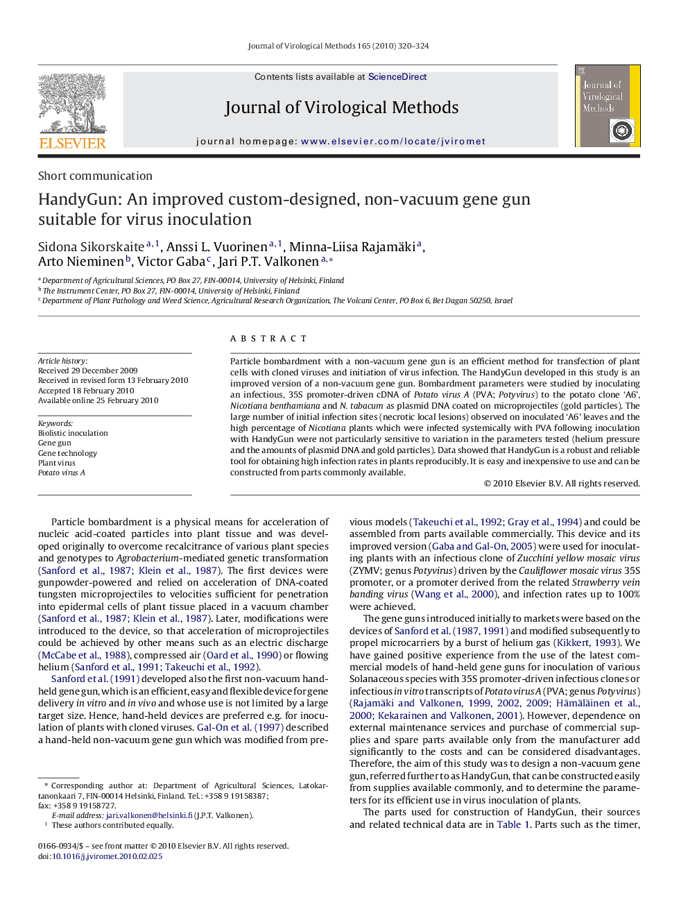 HandyGun: An improved custom-designed, non-vacuum gene gun suitable for virus inoculation