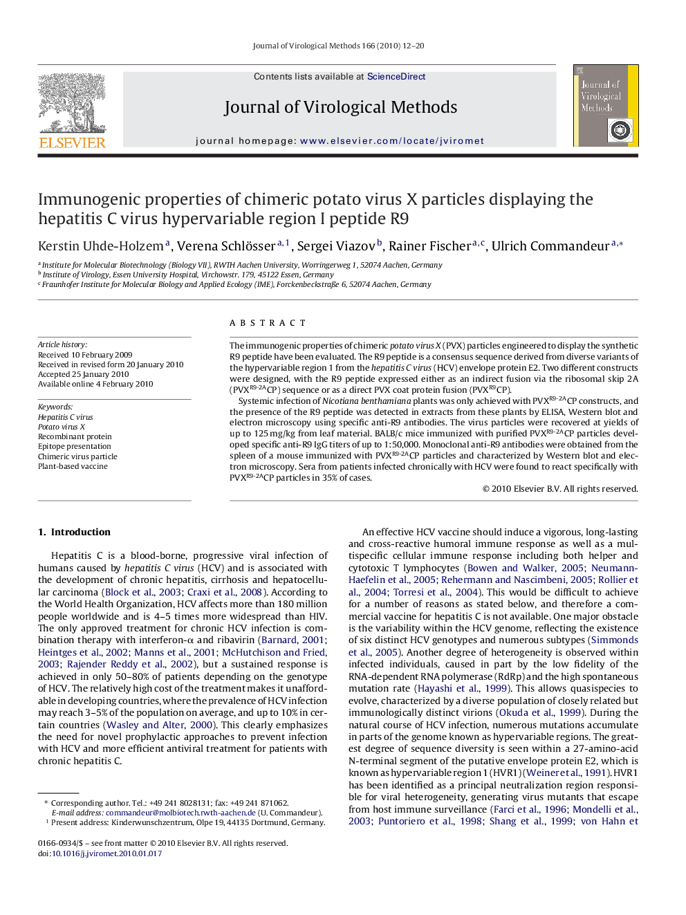 Immunogenic properties of chimeric potato virus X particles displaying the hepatitis C virus hypervariable region I peptide R9