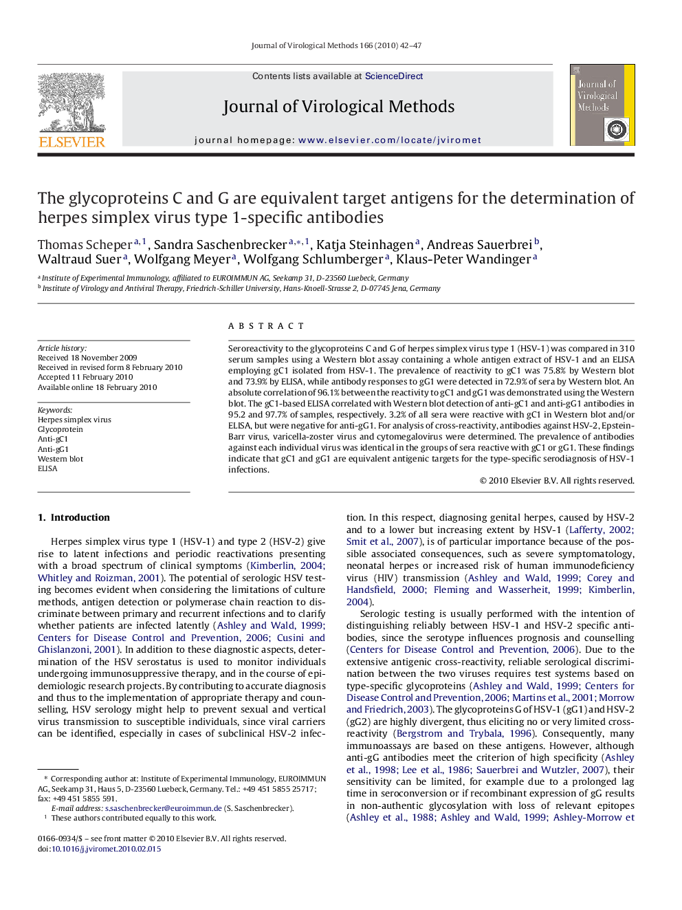 The glycoproteins C and G are equivalent target antigens for the determination of herpes simplex virus type 1-specific antibodies