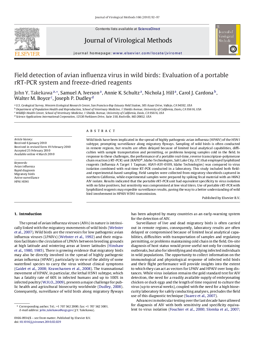 Field detection of avian influenza virus in wild birds: Evaluation of a portable rRT-PCR system and freeze-dried reagents