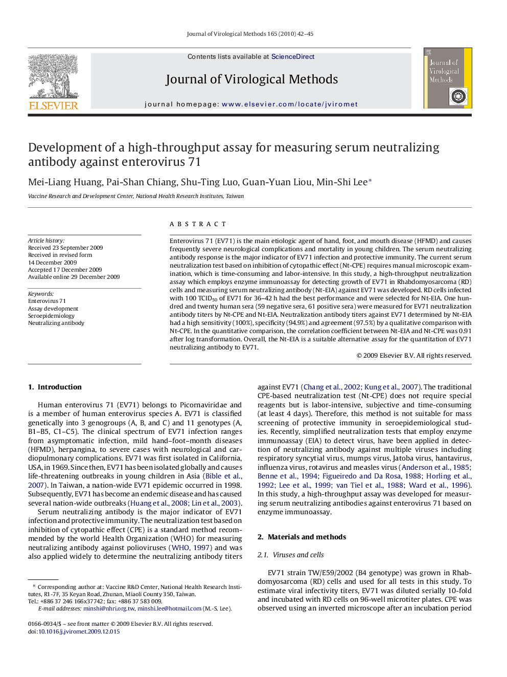 Development of a high-throughput assay for measuring serum neutralizing antibody against enterovirus 71