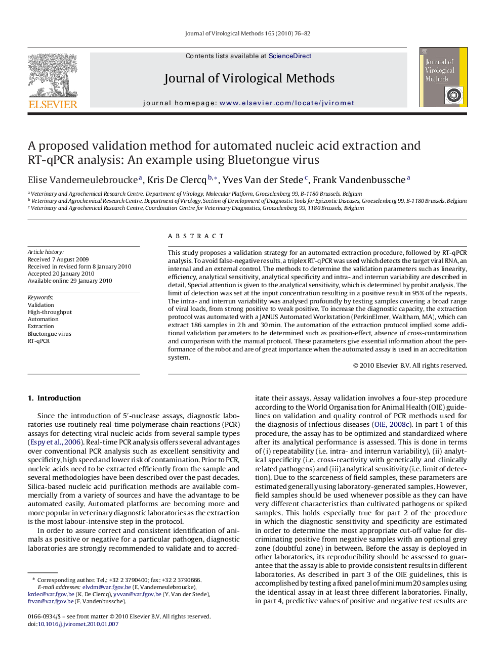 A proposed validation method for automated nucleic acid extraction and RT-qPCR analysis: An example using Bluetongue virus