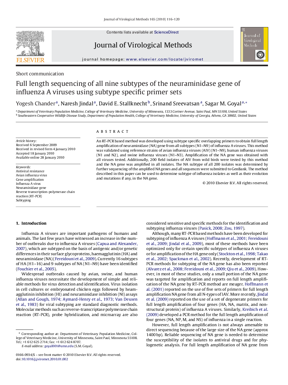 Full length sequencing of all nine subtypes of the neuraminidase gene of influenza A viruses using subtype specific primer sets