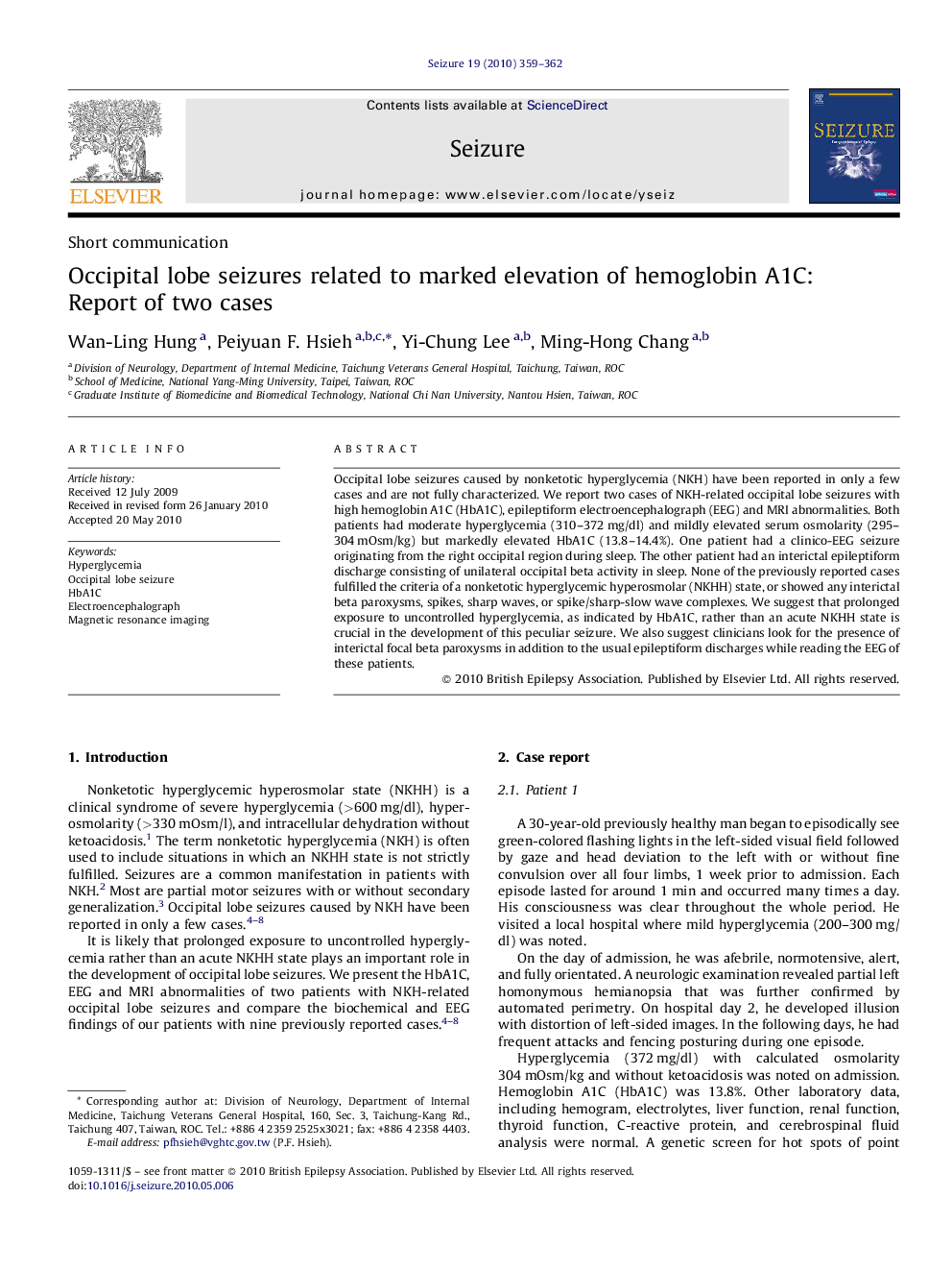 Occipital lobe seizures related to marked elevation of hemoglobin A1C: Report of two cases