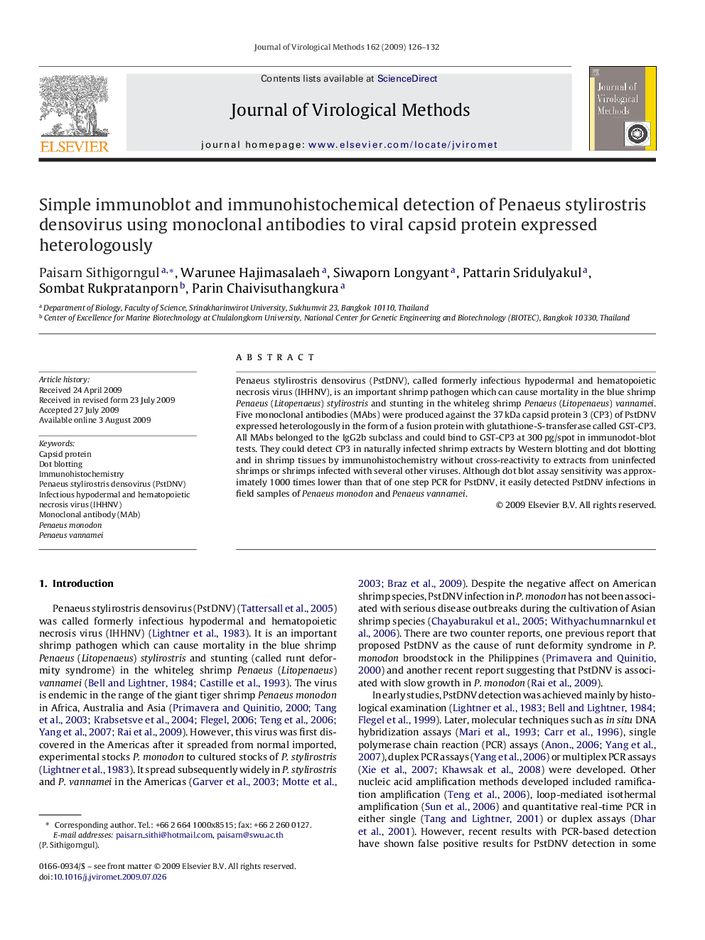 Simple immunoblot and immunohistochemical detection of Penaeus stylirostris densovirus using monoclonal antibodies to viral capsid protein expressed heterologously