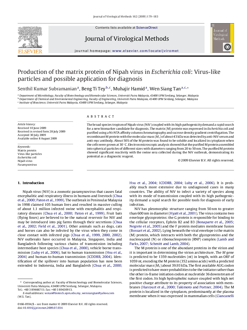 Production of the matrix protein of Nipah virus in Escherichia coli: Virus-like particles and possible application for diagnosis