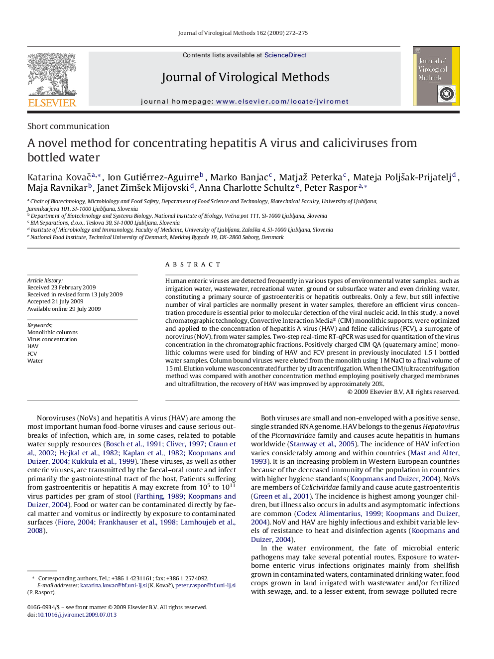 A novel method for concentrating hepatitis A virus and caliciviruses from bottled water