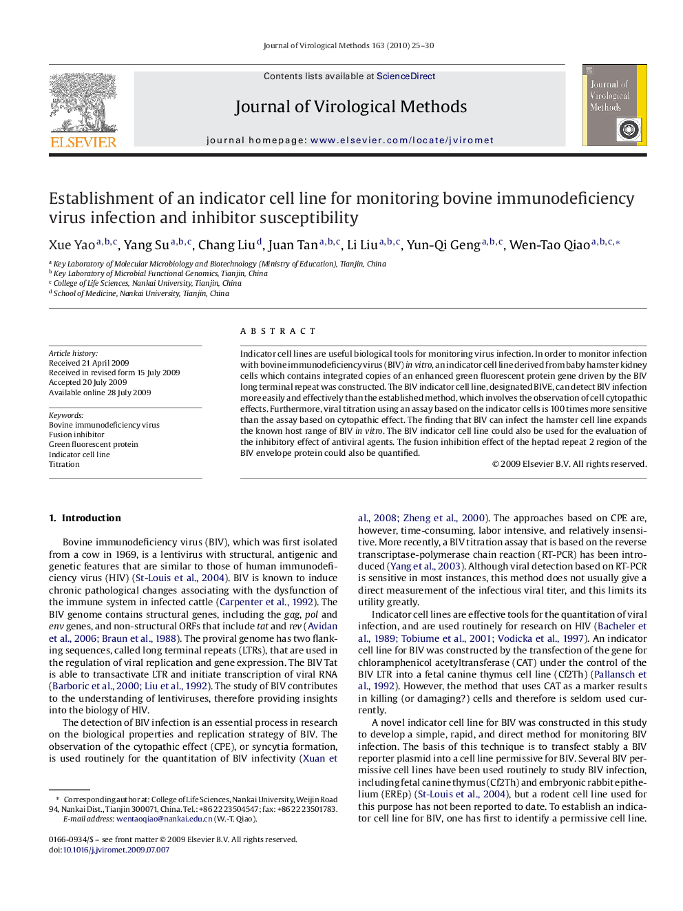 Establishment of an indicator cell line for monitoring bovine immunodeficiency virus infection and inhibitor susceptibility