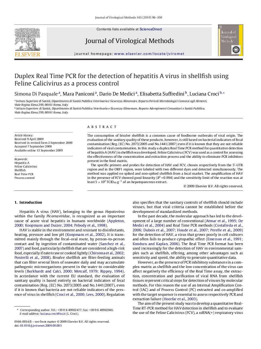 Duplex Real Time PCR for the detection of hepatitis A virus in shellfish using Feline Calicivirus as a process control