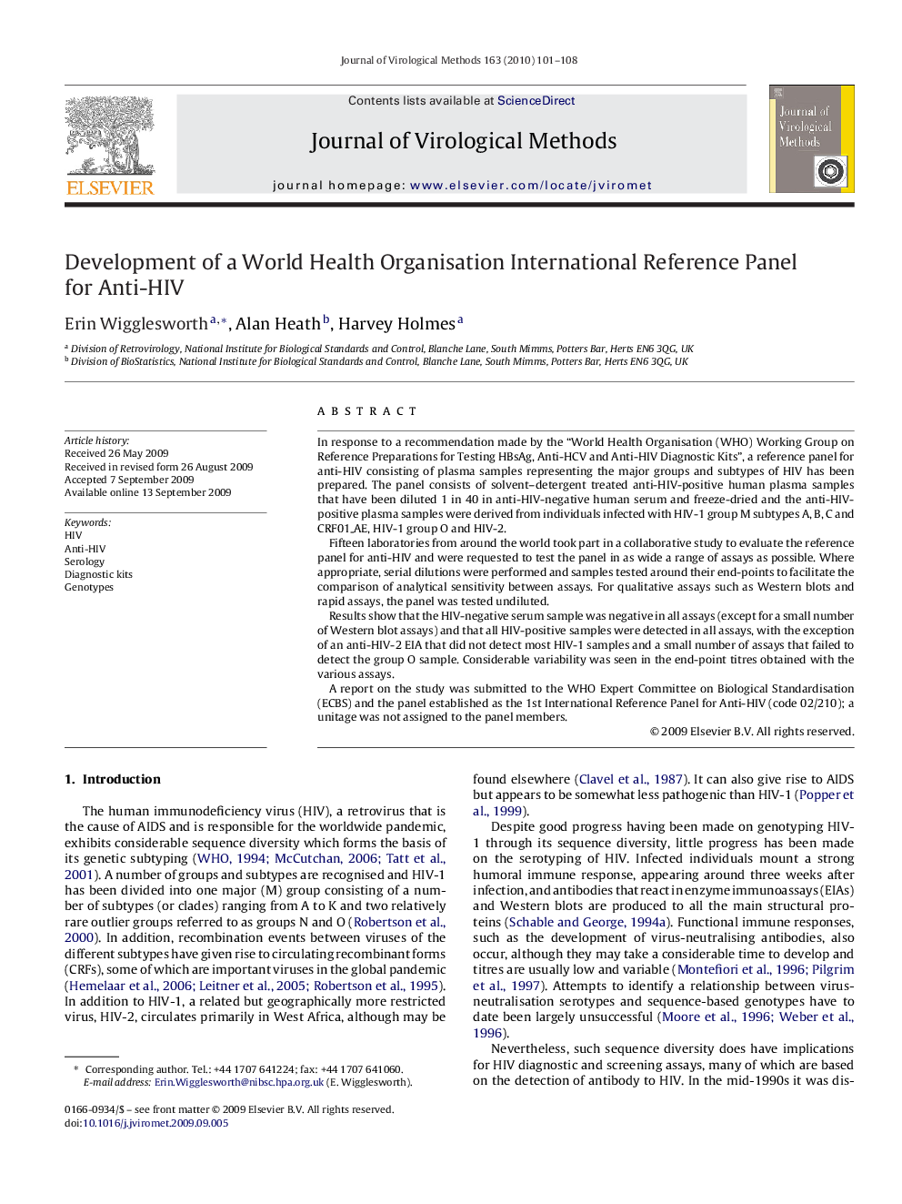 Development of a World Health Organisation International Reference Panel for Anti-HIV