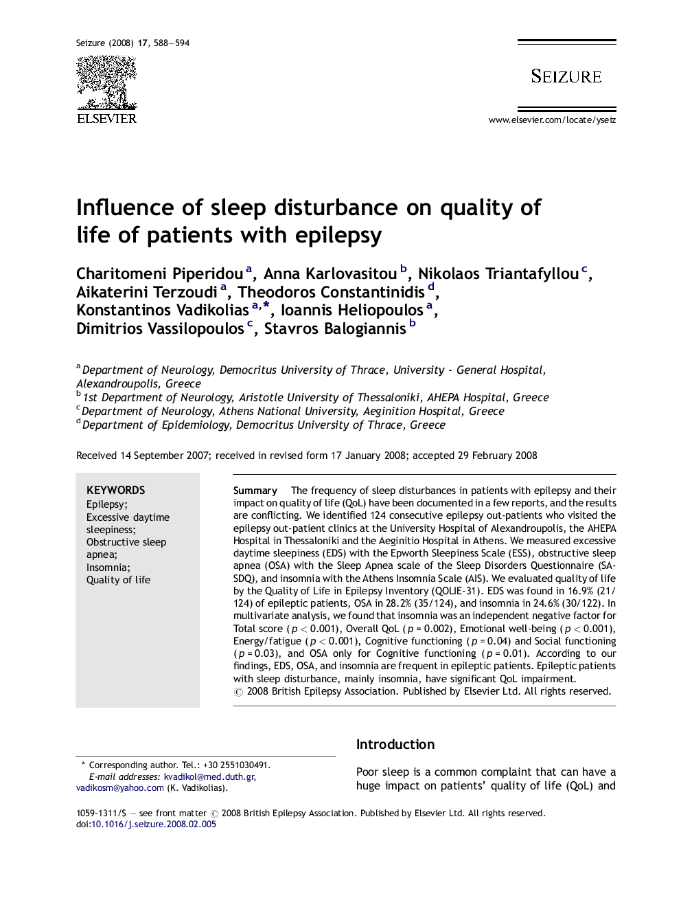 Influence of sleep disturbance on quality of life of patients with epilepsy