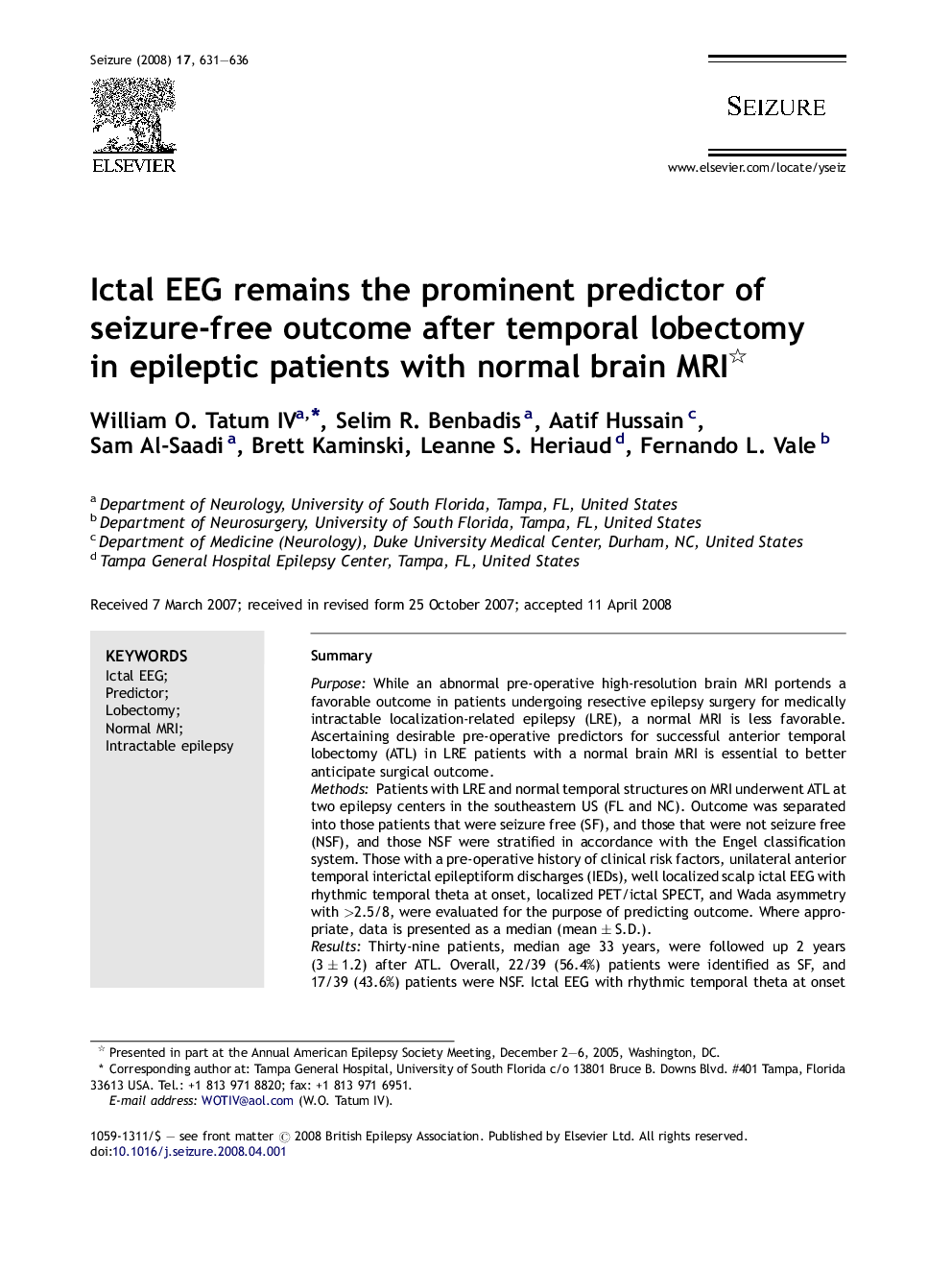Ictal EEG remains the prominent predictor of seizure-free outcome after temporal lobectomy in epileptic patients with normal brain MRI 