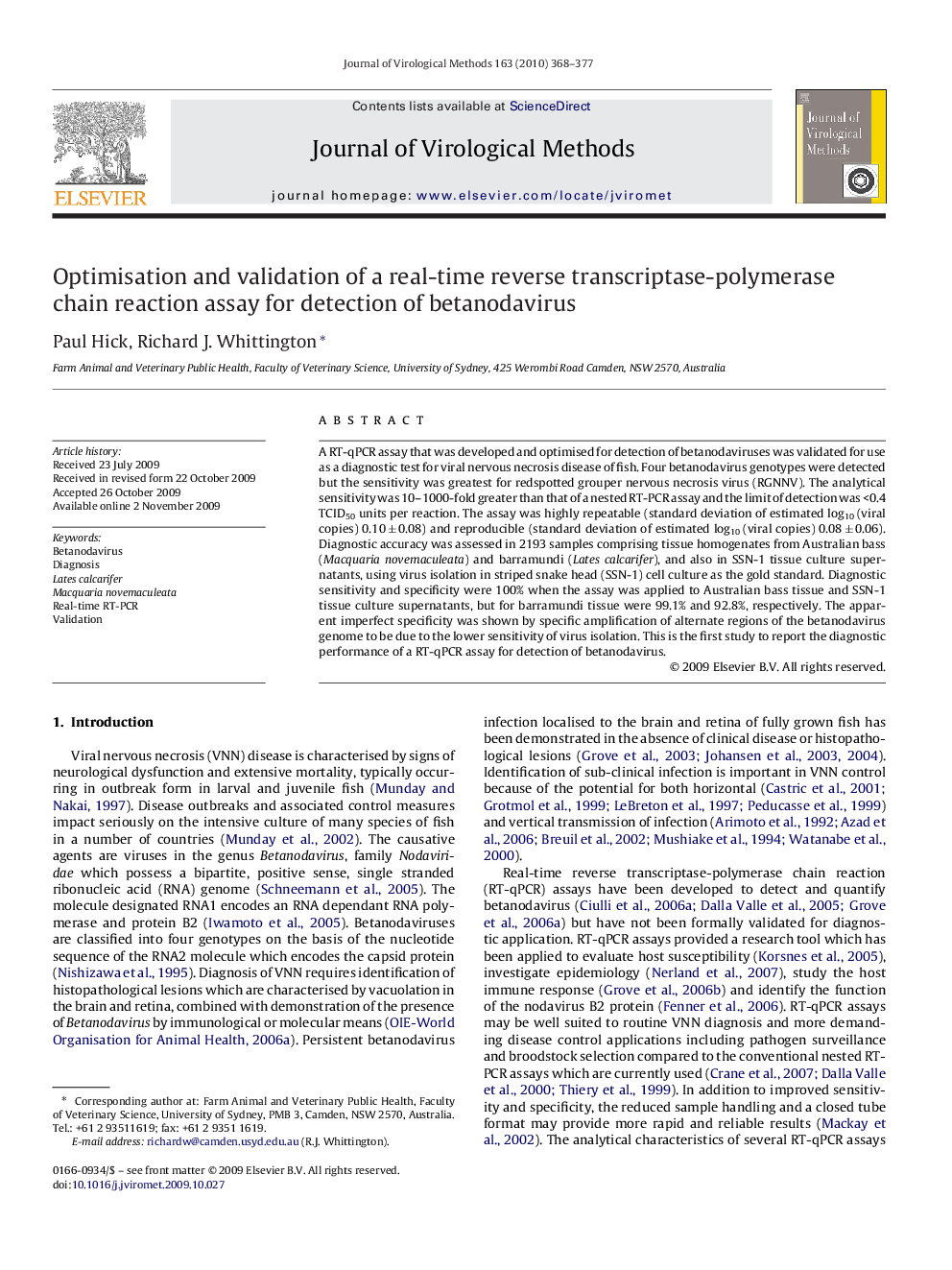 Optimisation and validation of a real-time reverse transcriptase-polymerase chain reaction assay for detection of betanodavirus