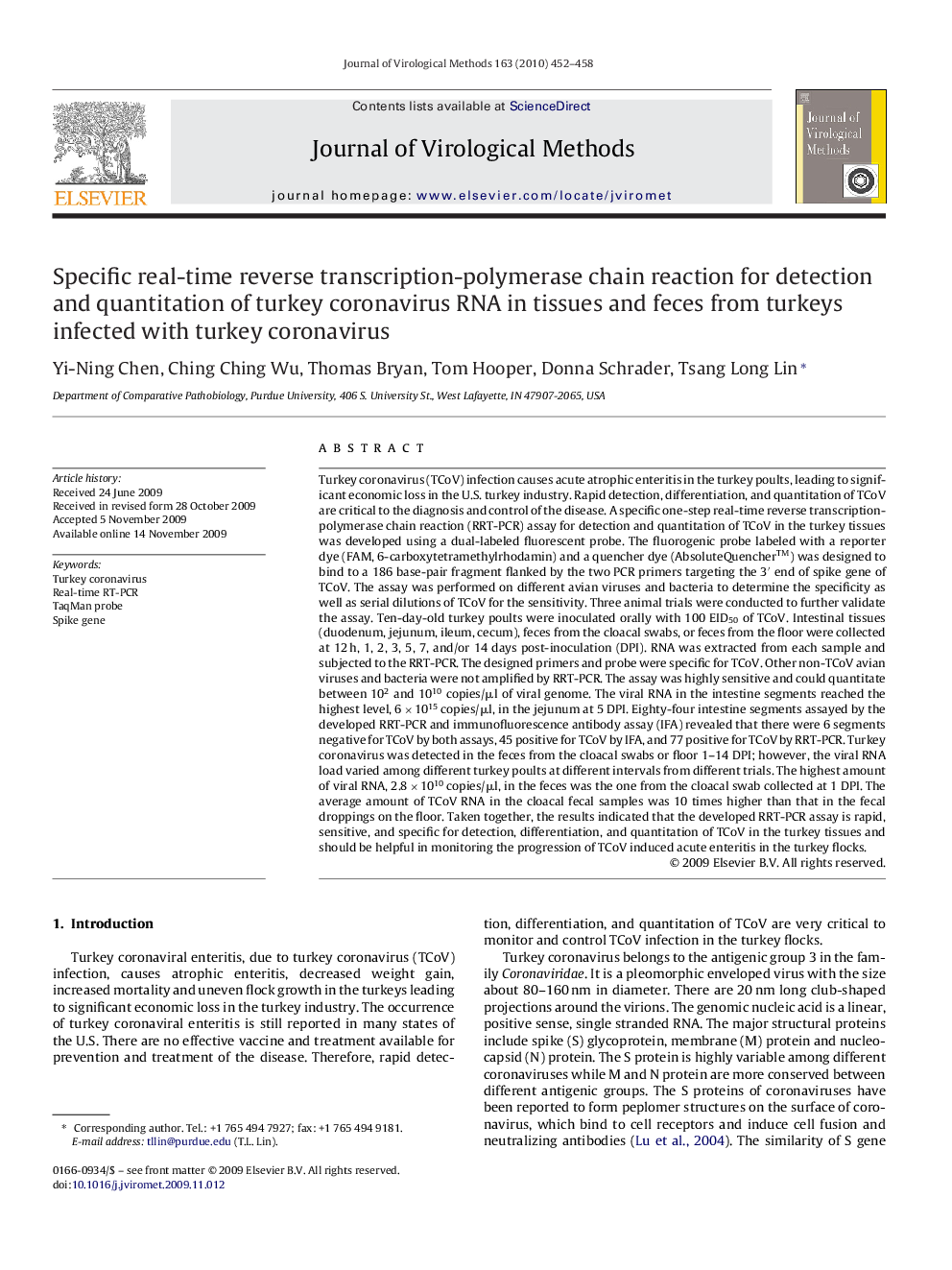 Specific real-time reverse transcription-polymerase chain reaction for detection and quantitation of turkey coronavirus RNA in tissues and feces from turkeys infected with turkey coronavirus