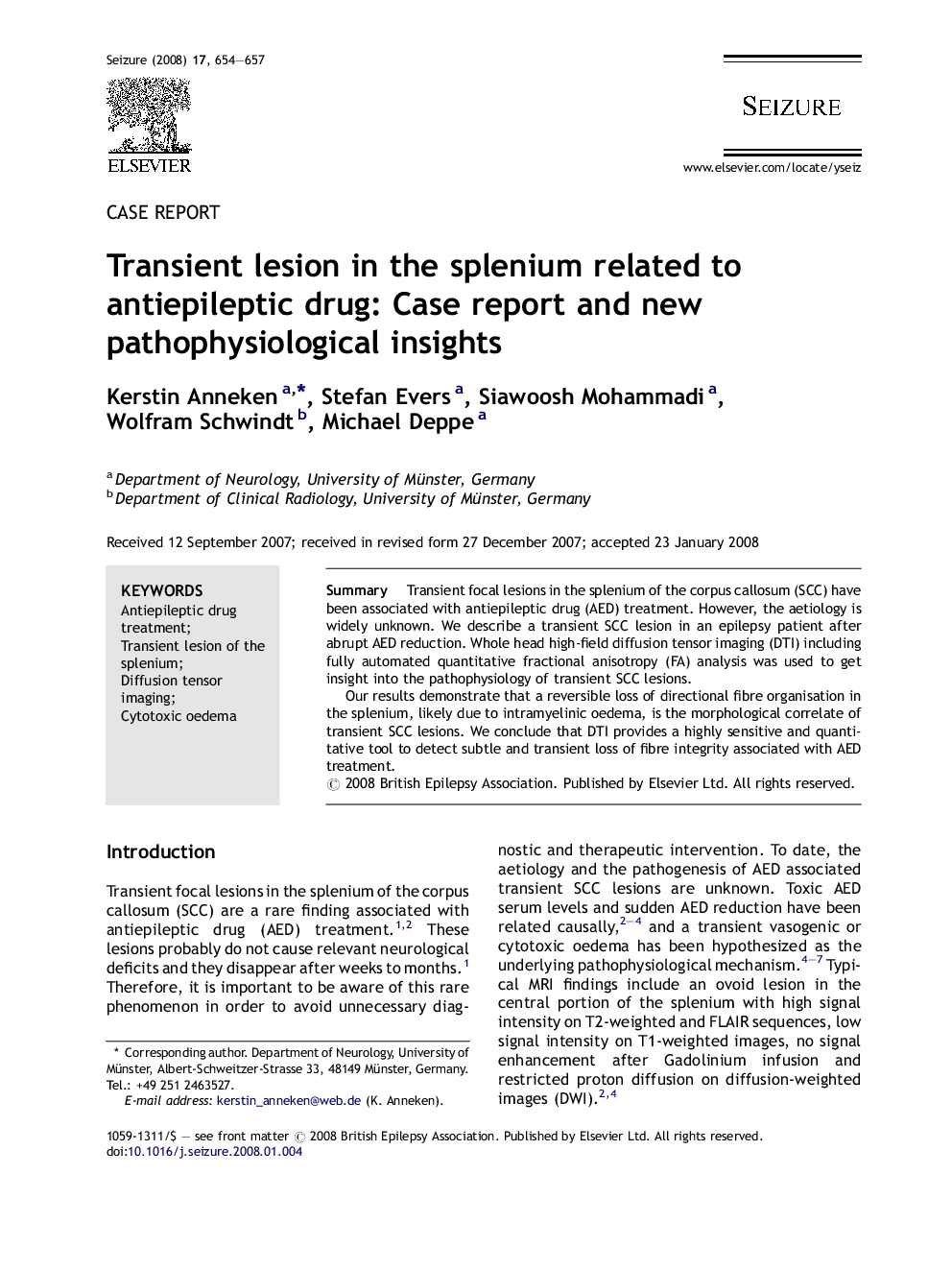Transient lesion in the splenium related to antiepileptic drug: Case report and new pathophysiological insights