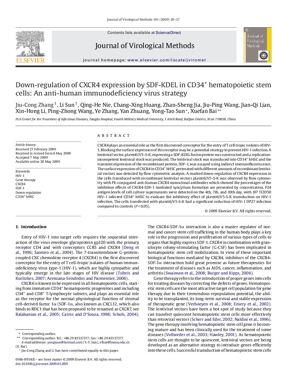 Down-regulation of CXCR4 expression by SDF-KDEL in CD34+ hematopoietic stem cells: An anti-human immunodeficiency virus strategy