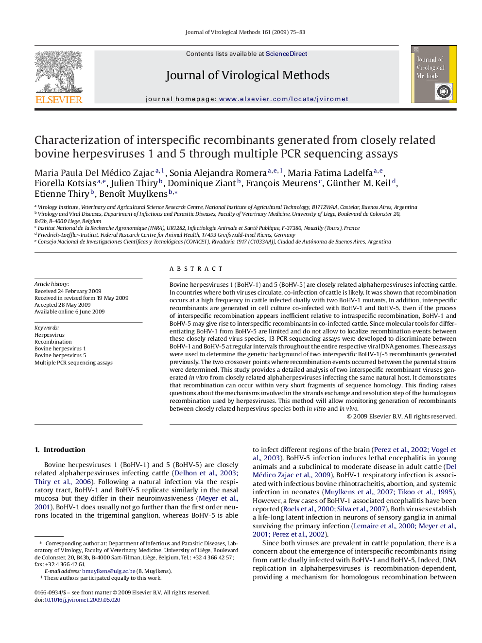 Characterization of interspecific recombinants generated from closely related bovine herpesviruses 1 and 5 through multiple PCR sequencing assays