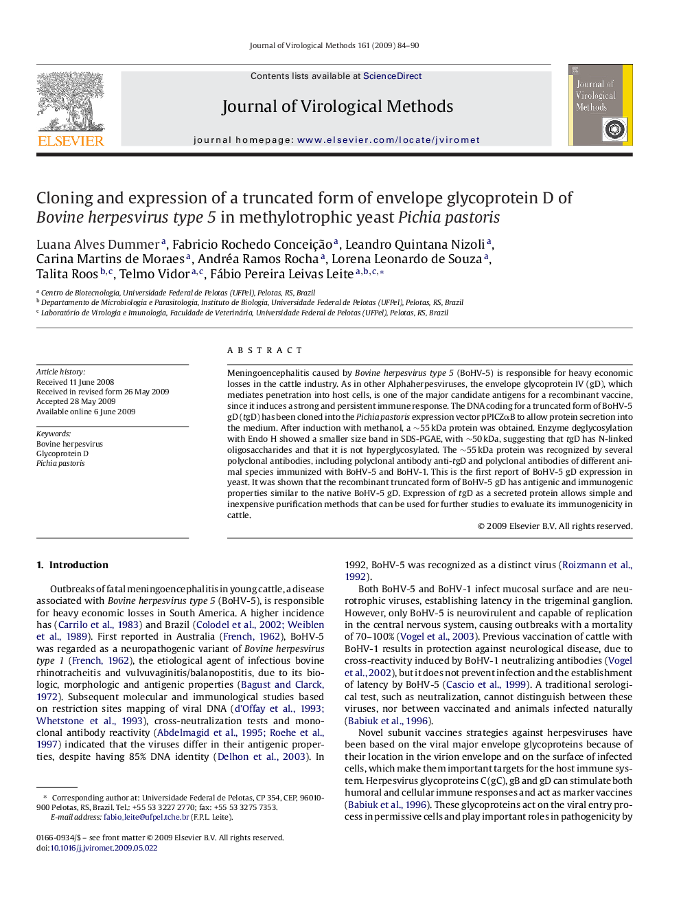 Cloning and expression of a truncated form of envelope glycoprotein D of Bovine herpesvirus type 5 in methylotrophic yeast Pichia pastoris