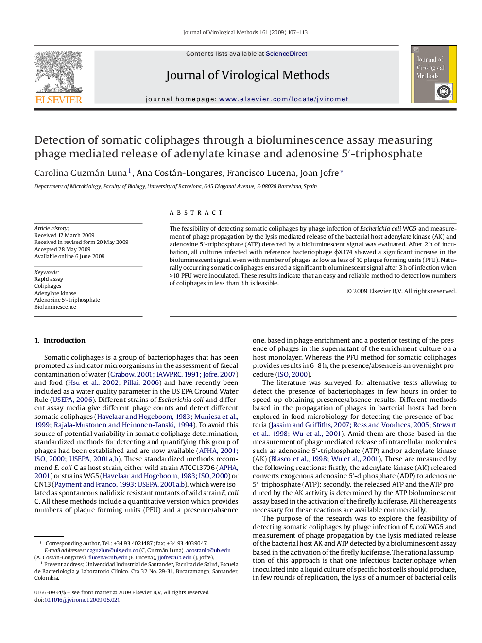 Detection of somatic coliphages through a bioluminescence assay measuring phage mediated release of adenylate kinase and adenosine 5′-triphosphate