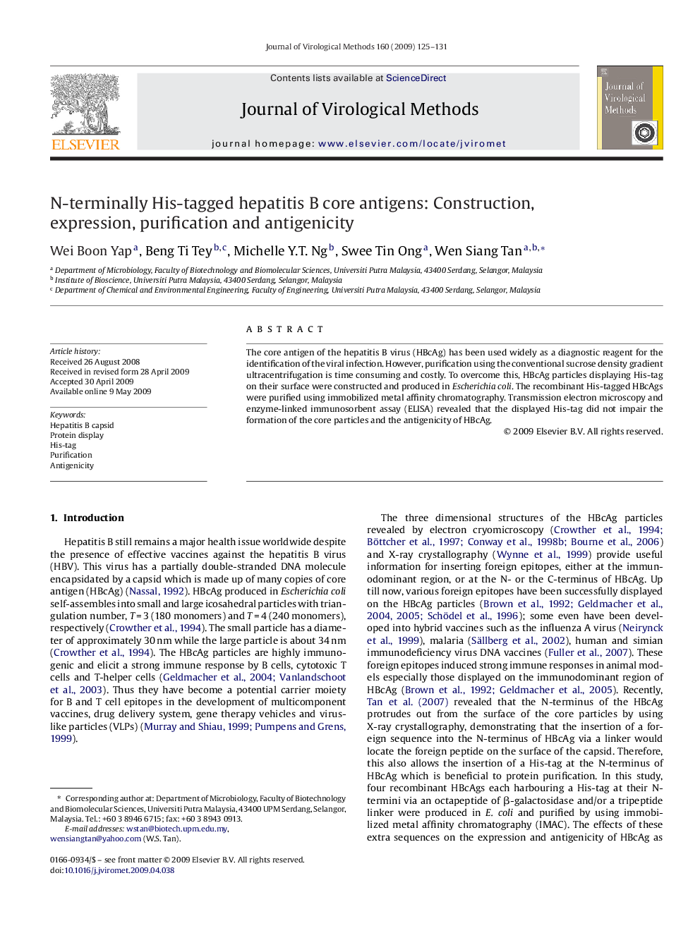 N-terminally His-tagged hepatitis B core antigens: Construction, expression, purification and antigenicity