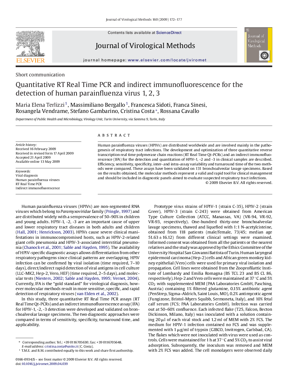 Quantitative RT Real Time PCR and indirect immunofluorescence for the detection of human parainfluenza virus 1, 2, 3