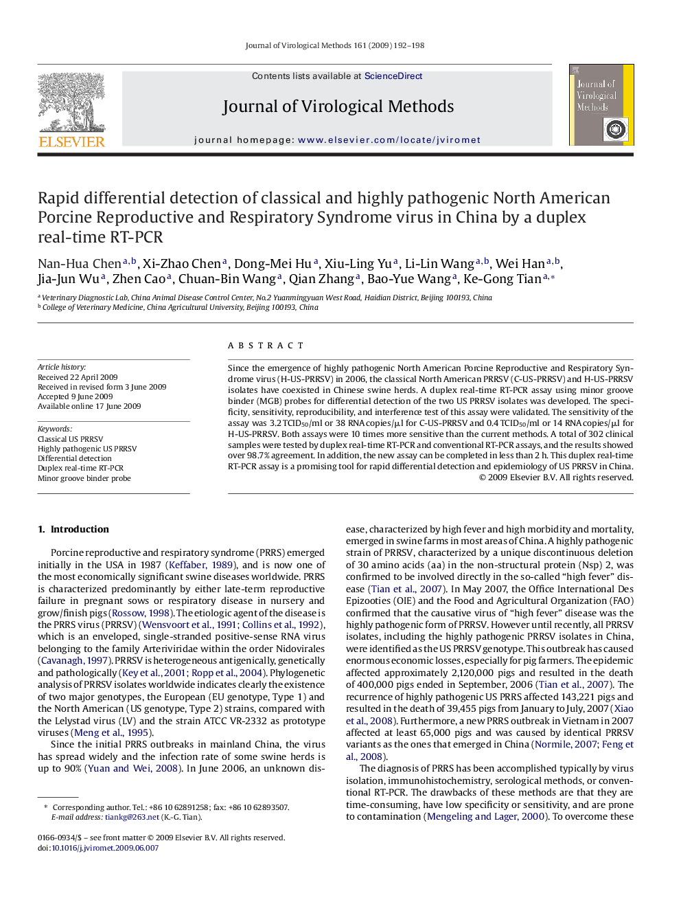 Rapid differential detection of classical and highly pathogenic North American Porcine Reproductive and Respiratory Syndrome virus in China by a duplex real-time RT-PCR