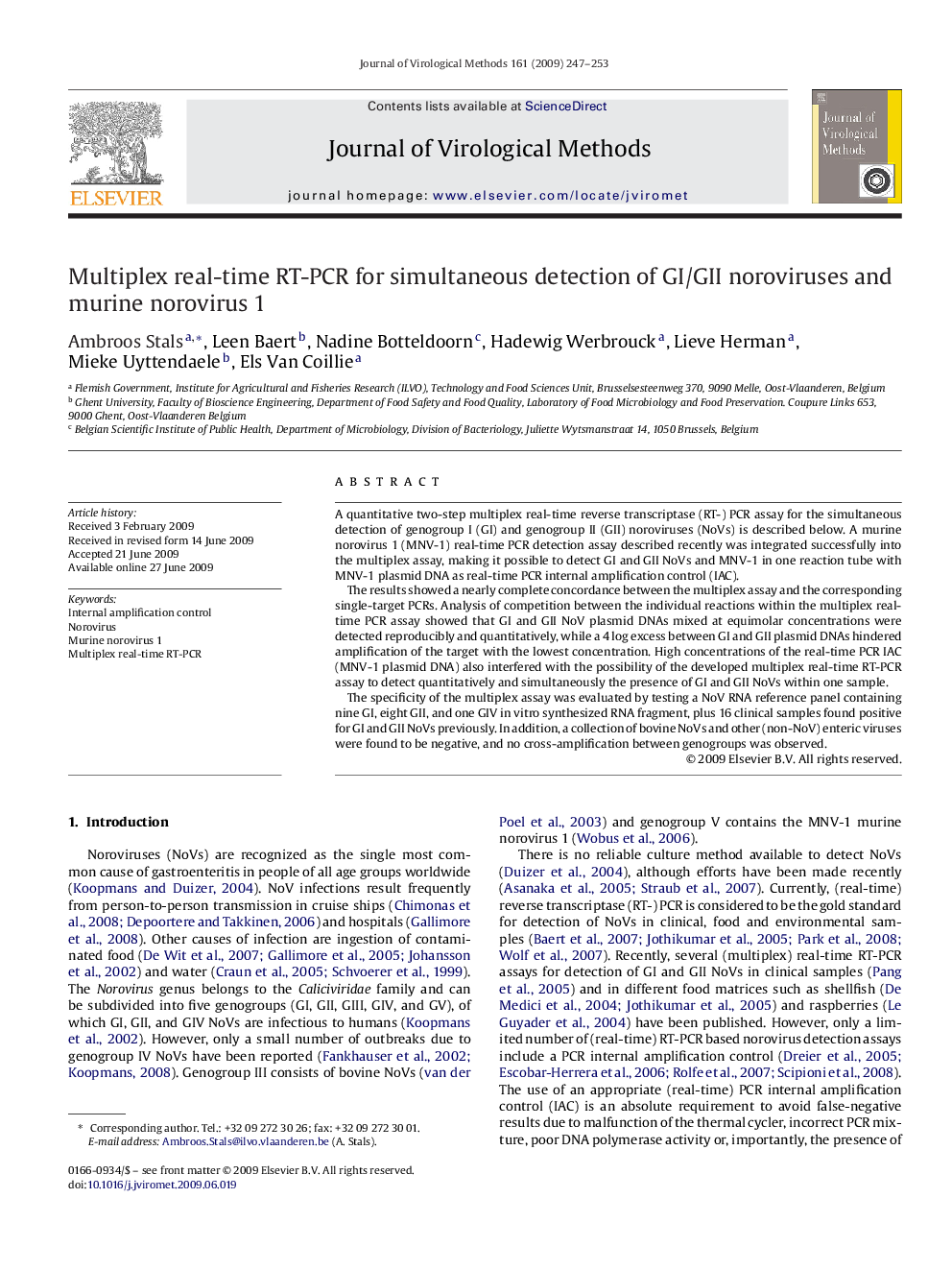 Multiplex real-time RT-PCR for simultaneous detection of GI/GII noroviruses and murine norovirus 1