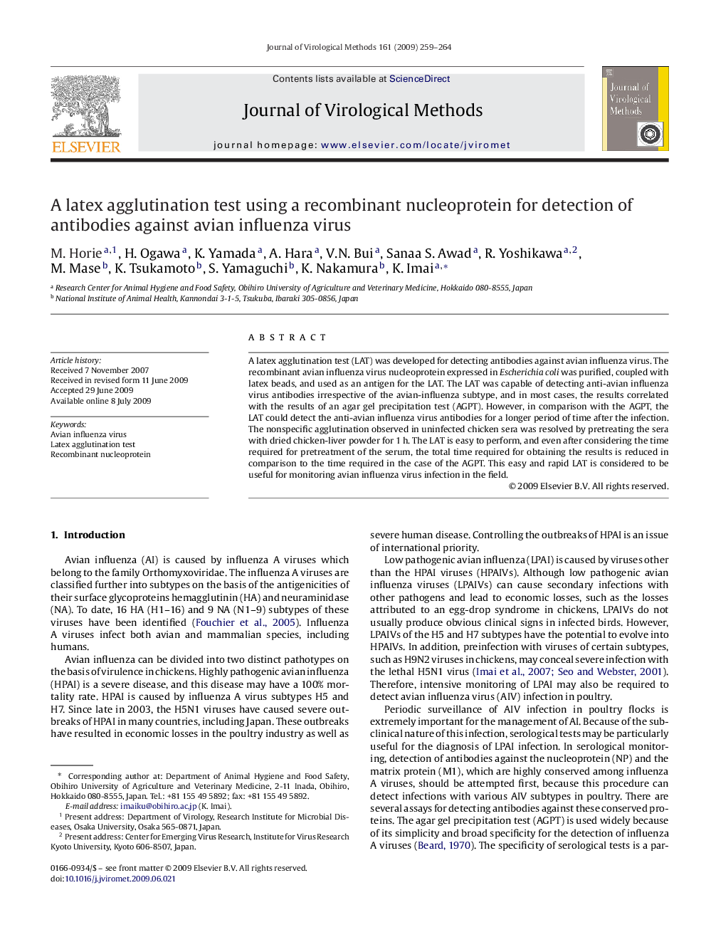 A latex agglutination test using a recombinant nucleoprotein for detection of antibodies against avian influenza virus