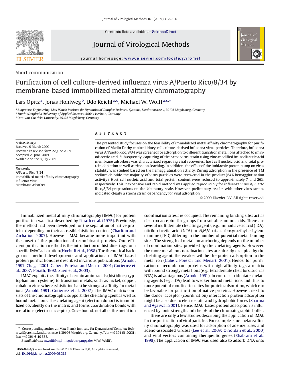 Purification of cell culture-derived influenza virus A/Puerto Rico/8/34 by membrane-based immobilized metal affinity chromatography