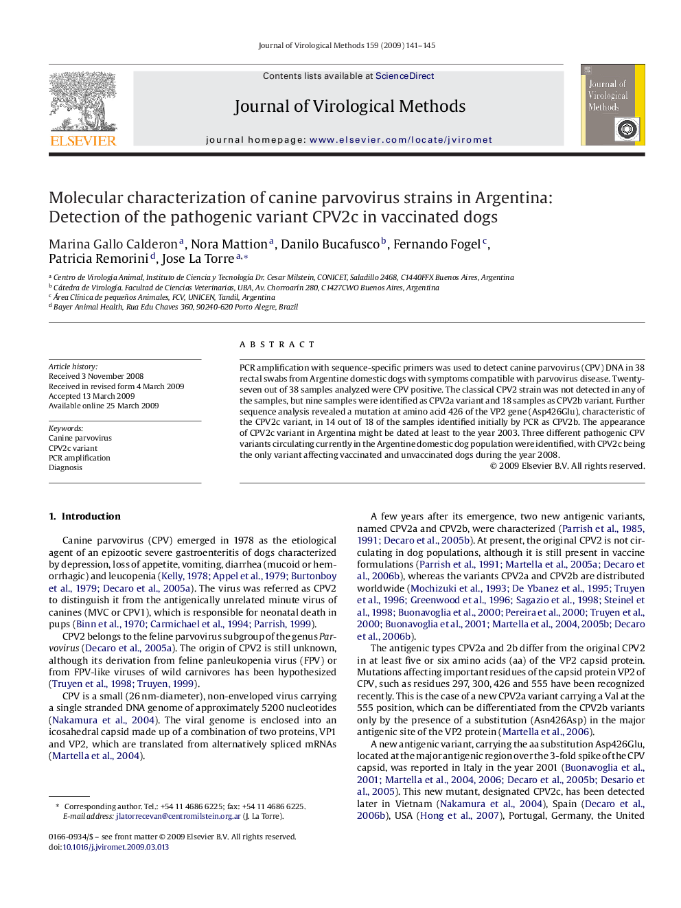 Molecular characterization of canine parvovirus strains in Argentina: Detection of the pathogenic variant CPV2c in vaccinated dogs