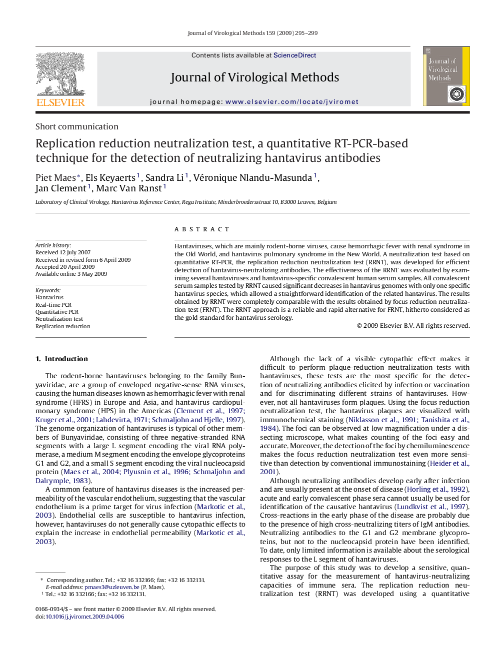 Replication reduction neutralization test, a quantitative RT-PCR-based technique for the detection of neutralizing hantavirus antibodies