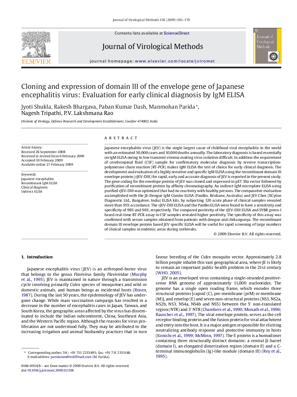 Cloning and expression of domain III of the envelope gene of Japanese encephalitis virus: Evaluation for early clinical diagnosis by IgM ELISA