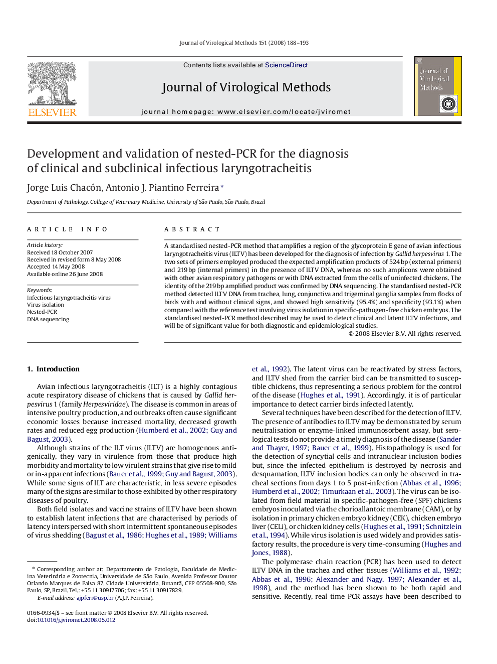 Development and validation of nested-PCR for the diagnosis of clinical and subclinical infectious laryngotracheitis