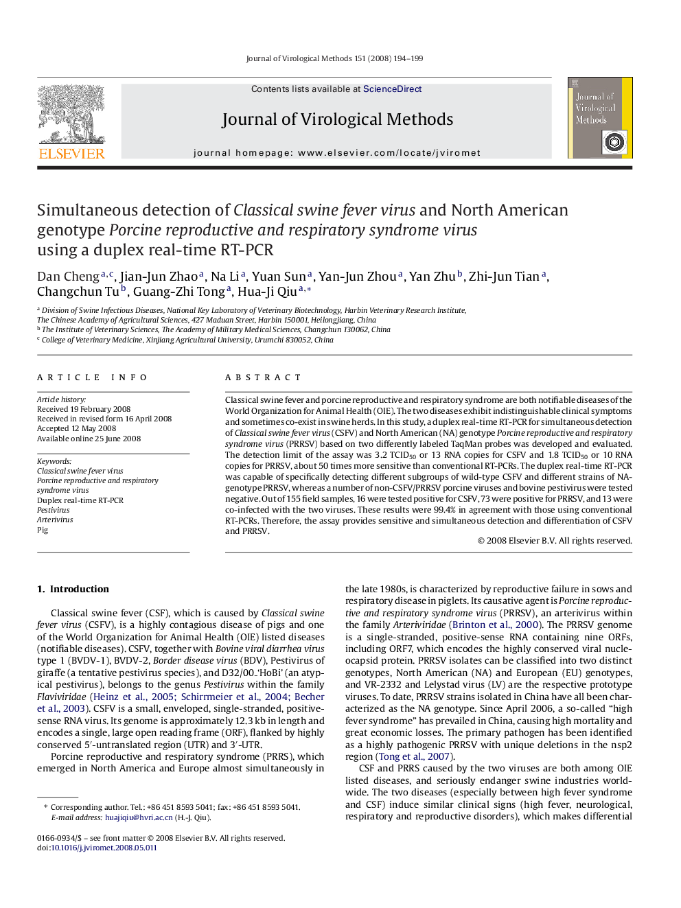 Simultaneous detection of Classical swine fever virus and North American genotype Porcine reproductive and respiratory syndrome virus using a duplex real-time RT-PCR