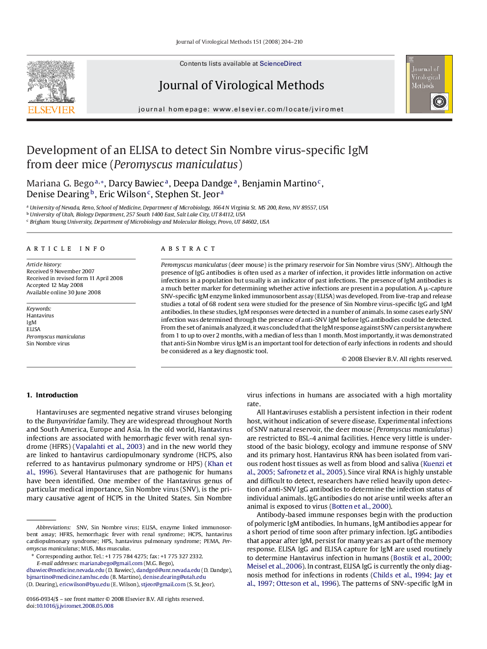 Development of an ELISA to detect Sin Nombre virus-specific IgM from deer mice (Peromyscus maniculatus)