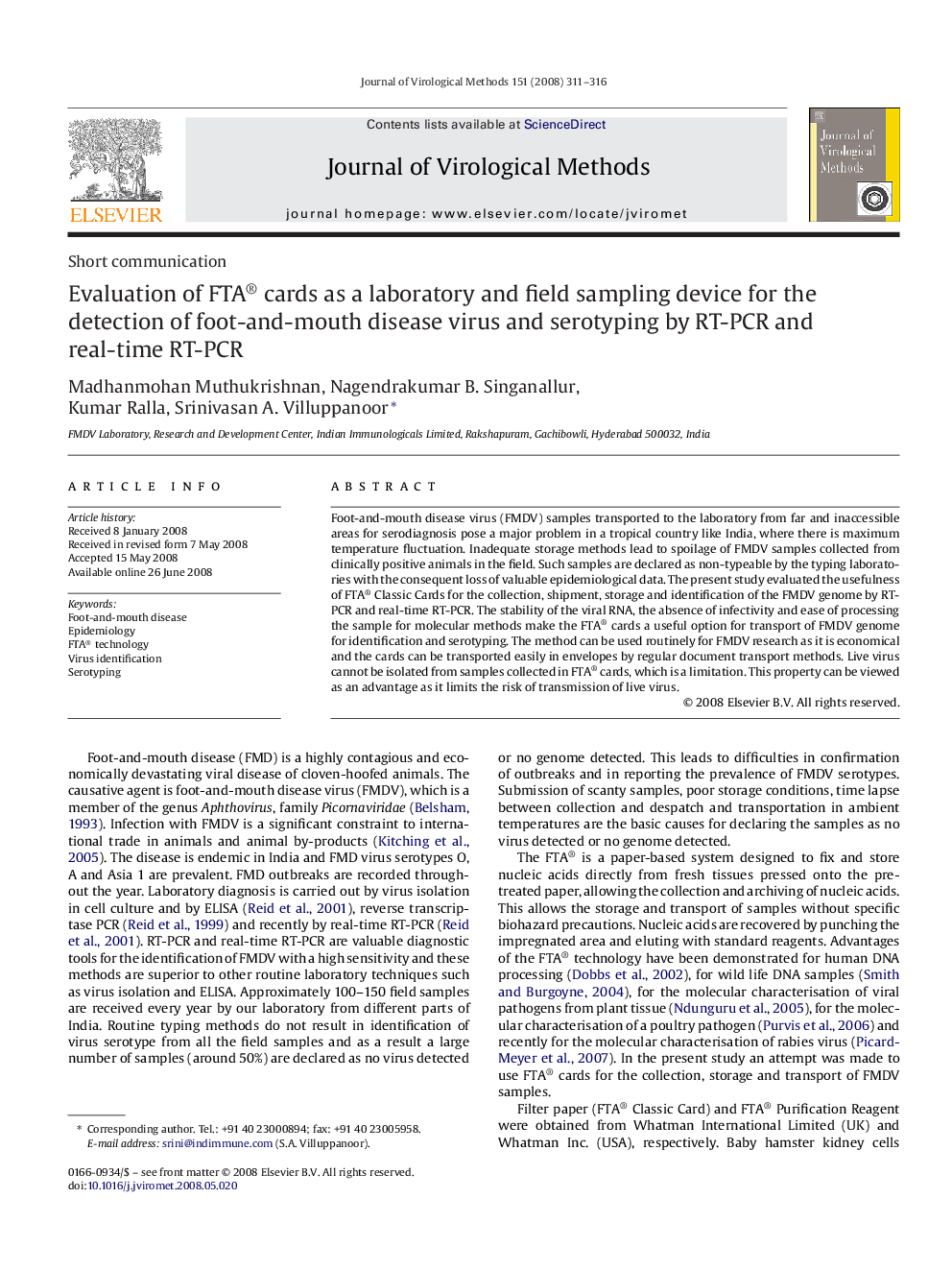 Evaluation of FTA® cards as a laboratory and field sampling device for the detection of foot-and-mouth disease virus and serotyping by RT-PCR and real-time RT-PCR